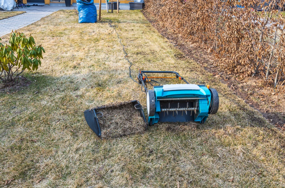 Verticuteermachine op het gazon