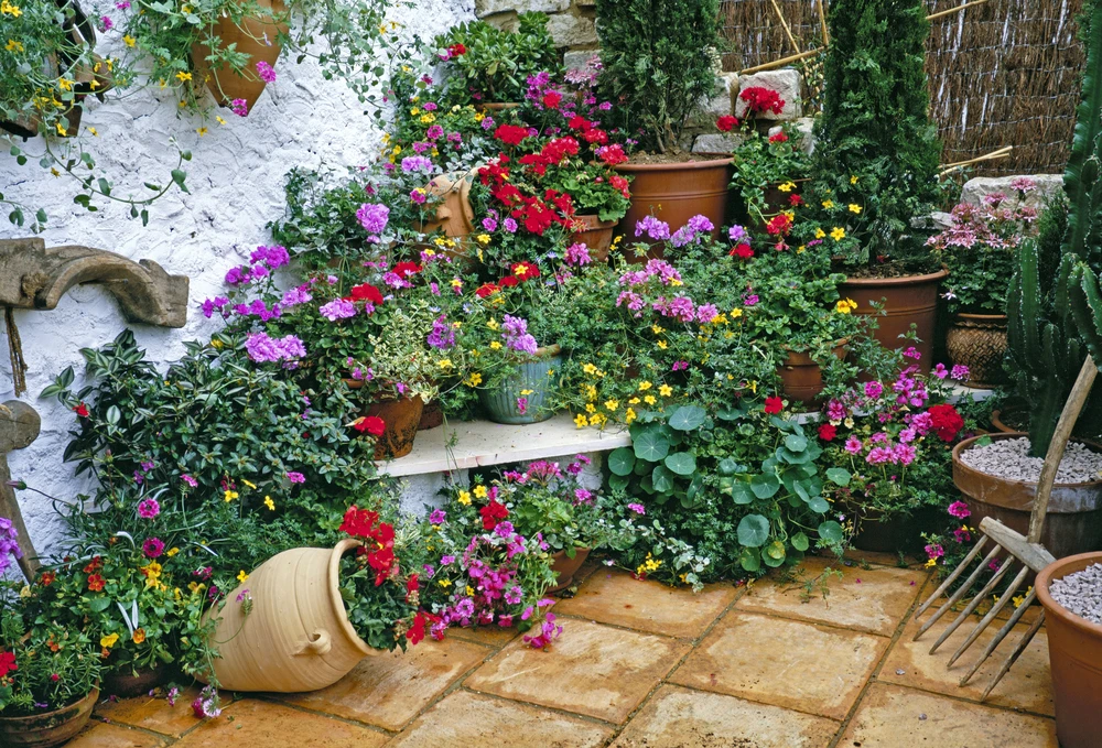 Mediterrane tuin met kleurrijke planten en zitplaatsen