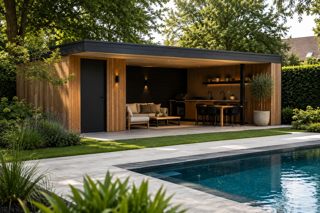 Compact houten poolhouse met overkapping, buitenkeuken en zwembad in een kleinere groene tuin