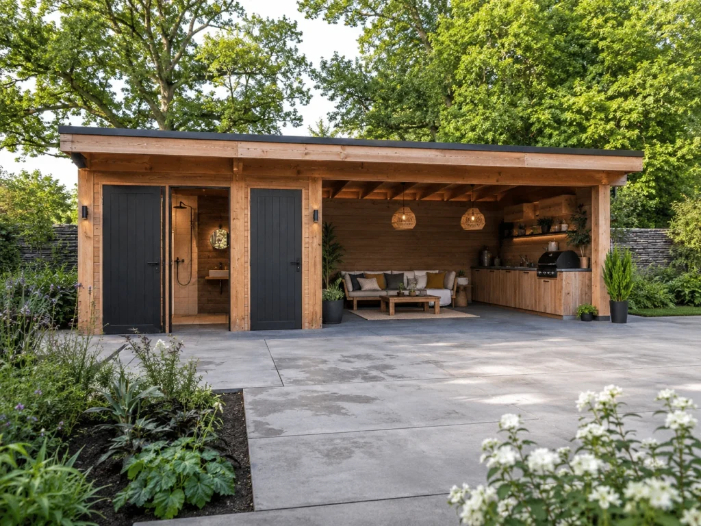Houten poolhouse zonder zwembad met lounge, douche en buitenkeuken in een groene tuin