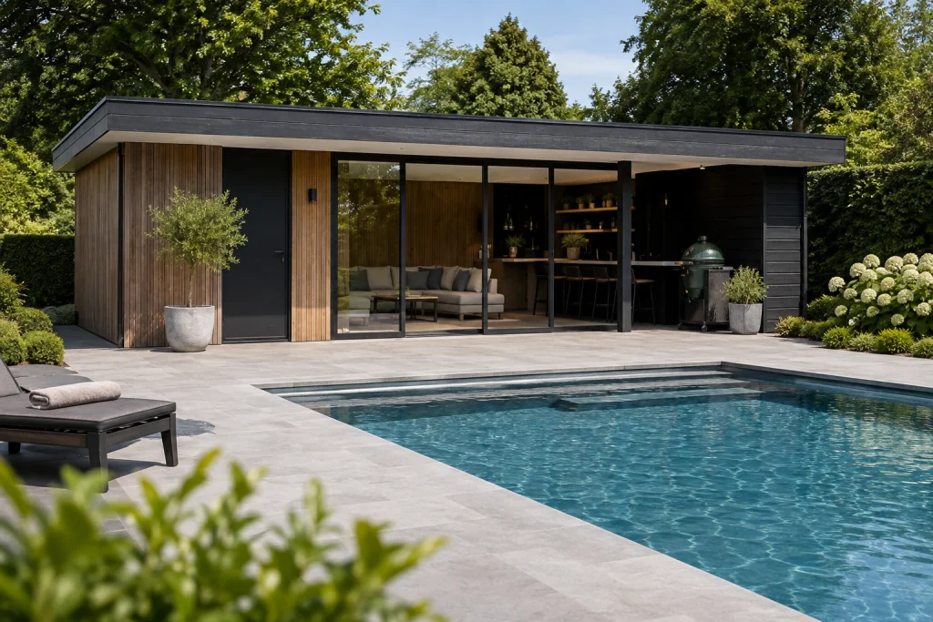 Modern poolhouse met zwembad, glazen schuifpuien en overdekte buitenkeuken in een groene tuin