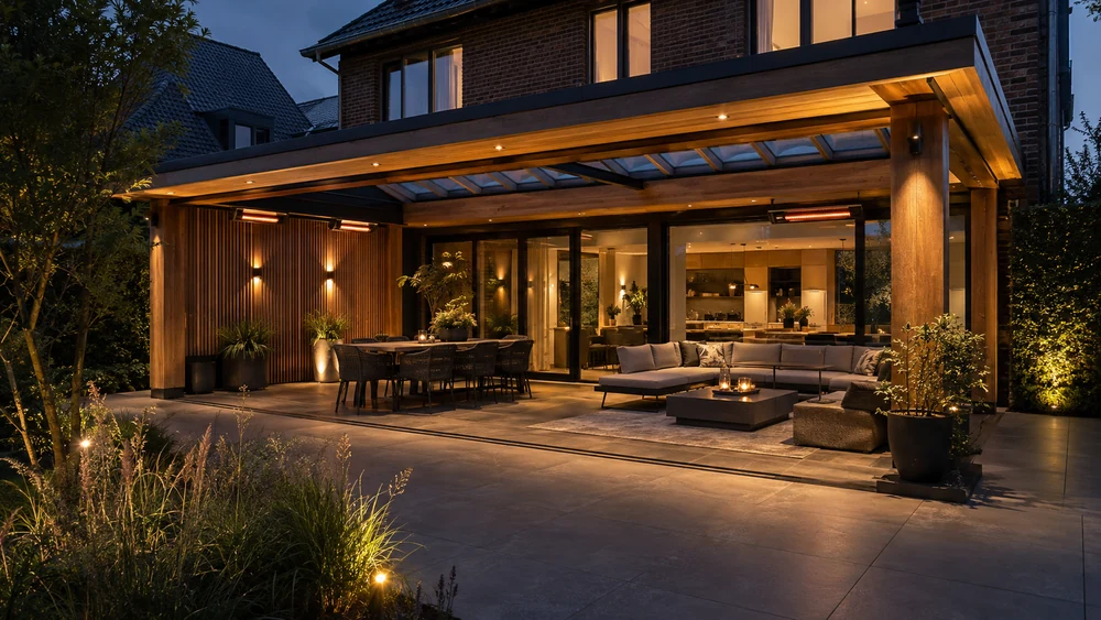 Luxe overkapping aan huis met lichtstraat, glazen schuifwanden, verwarming en ruime loungehoek in een moderne tuin