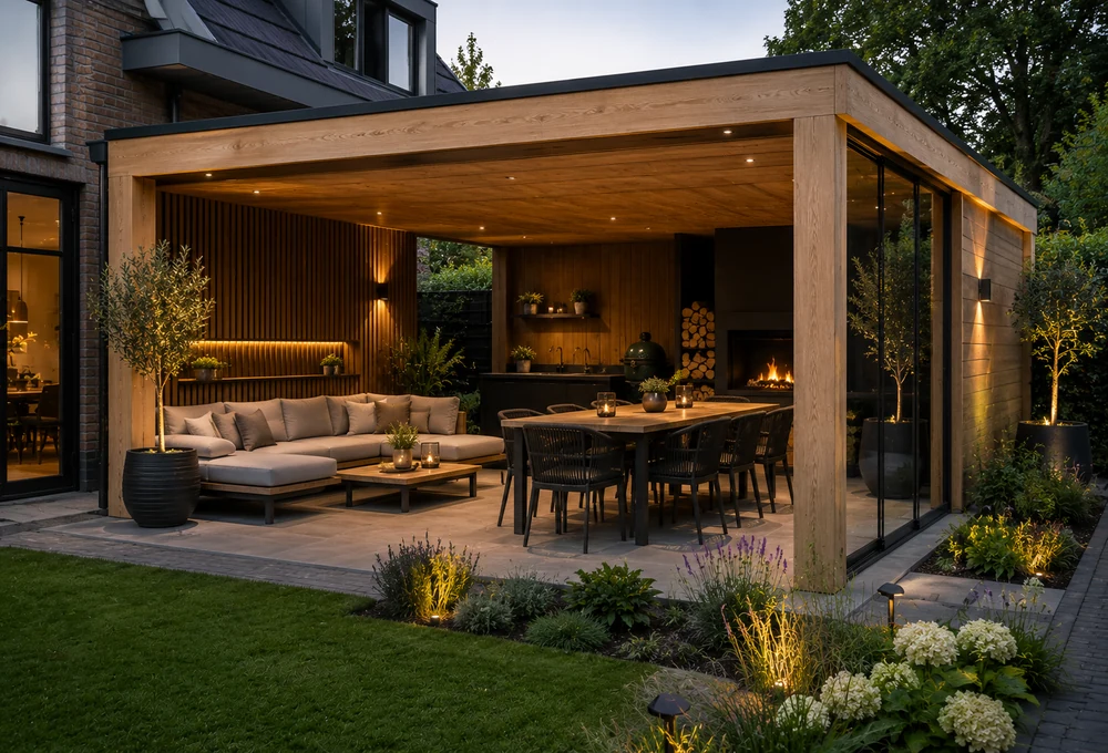 Luxe eiken overkapping met terras, sfeerverlichting en beplanting in een moderne tuin