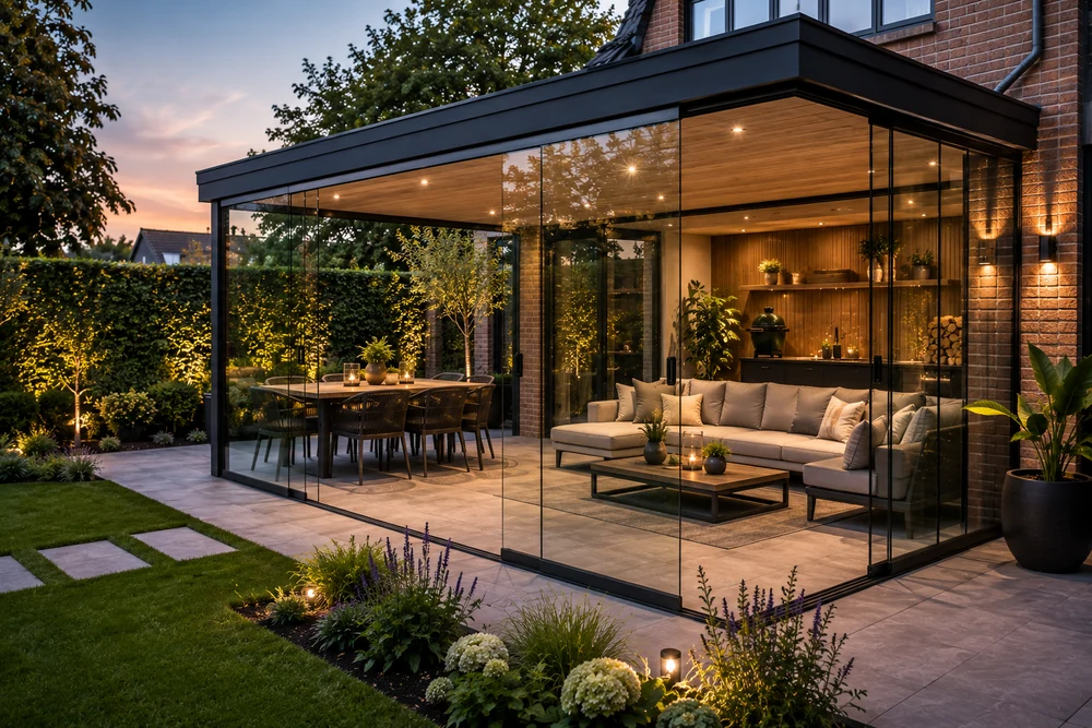 Moderne overkapping met glazen schuifwanden, loungehoek en eettafel in een sfeervol aangelegde tuin